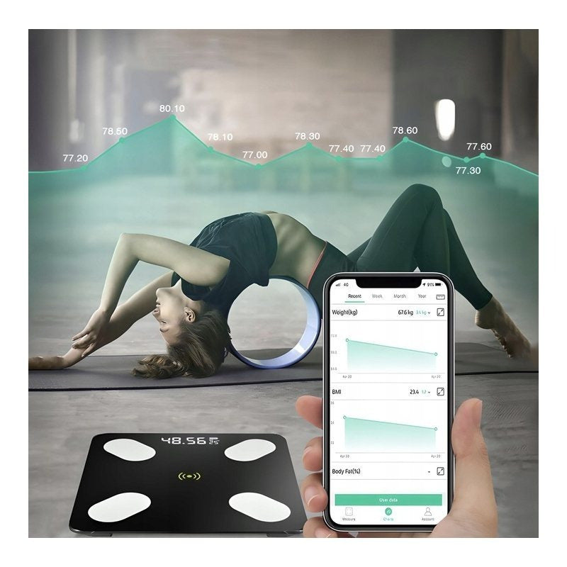 BALANÇA DE BANHEIRO ANALÍTICA INTELIGENTE 180kg SMART BT. Medição Precisa de Peso Corporal e Composição Corporal 25em1. Visor LCD com Termômetro. Design Fino de Vidro Temperado. Compatível com Aplicativo Móvel Android iOS. Função de Reconhecimento Automá