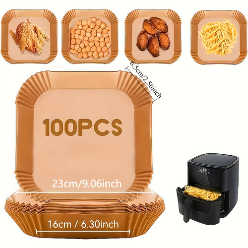 100 pçs de Forros Antiaderentes para Fritadeiras de Ar – Ideais para Cozinhar, Assar e Micro-ondas – Facilitam a Limpeza, Folhas Individuais para Cozinha Mais Saudável – Adequados para Uso Doméstico e Comercial