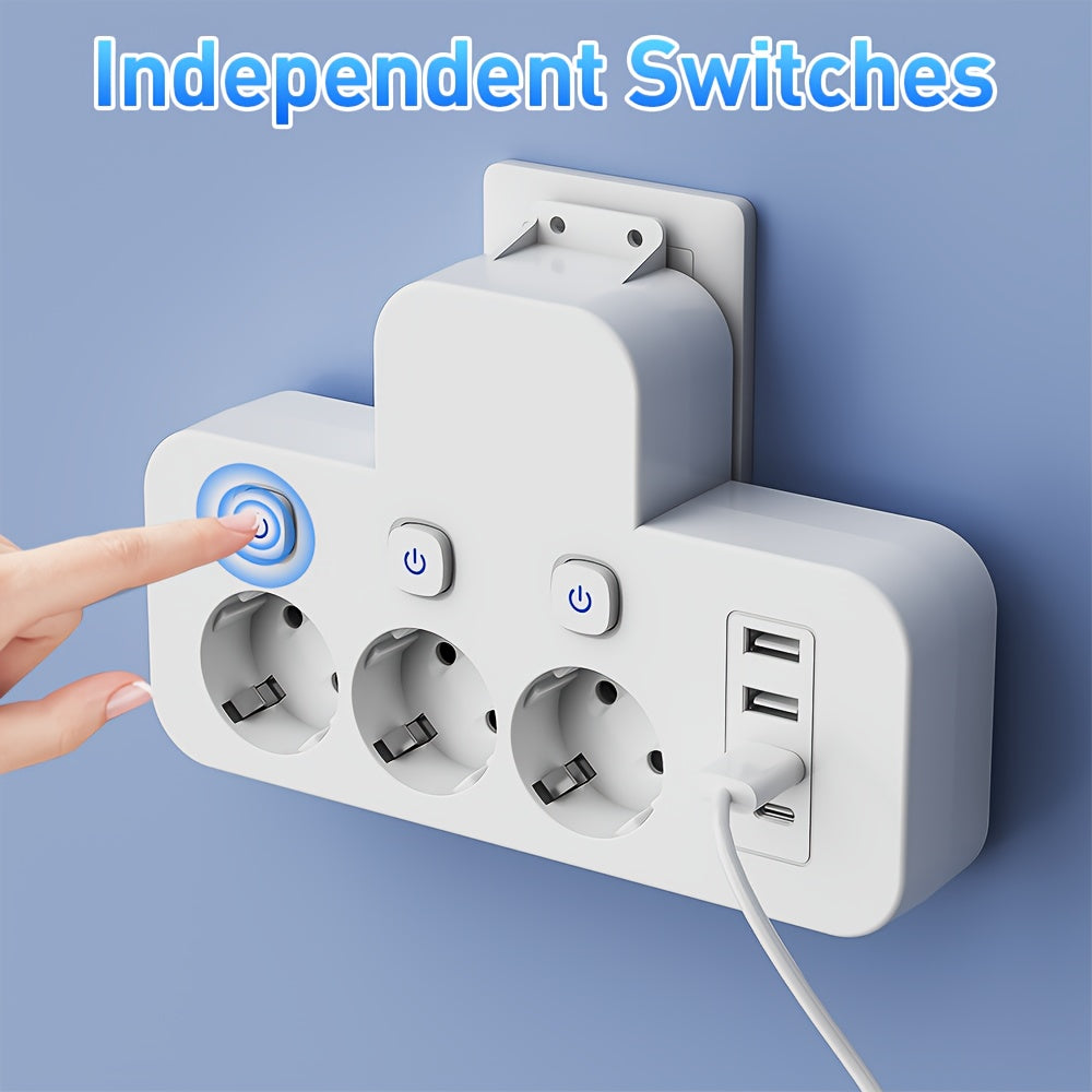 Tomada USB Multifunções 7 em 1 com Interruptores Independentes, Adaptador de Viagem, Conversor USB, Ideal para Casa/Trabalho
