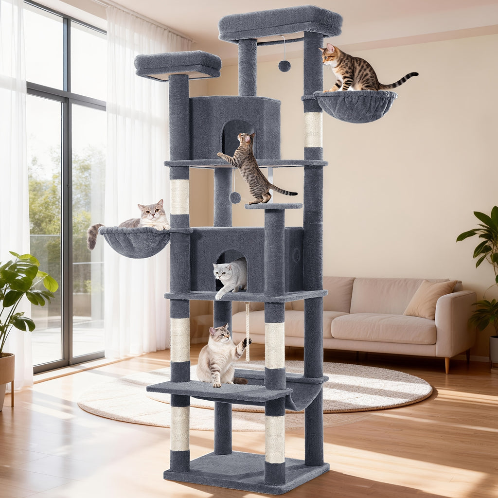 Poste Arranhador Grande para Gatos, Poste Arranhador de 216 Cm, Gatos Grandes, Estável com Postes Arranhadores, 2 Casas Confortáveis para Gatos, 2 Poleiros, 2 Cestos, Rede, Para Uso Interior