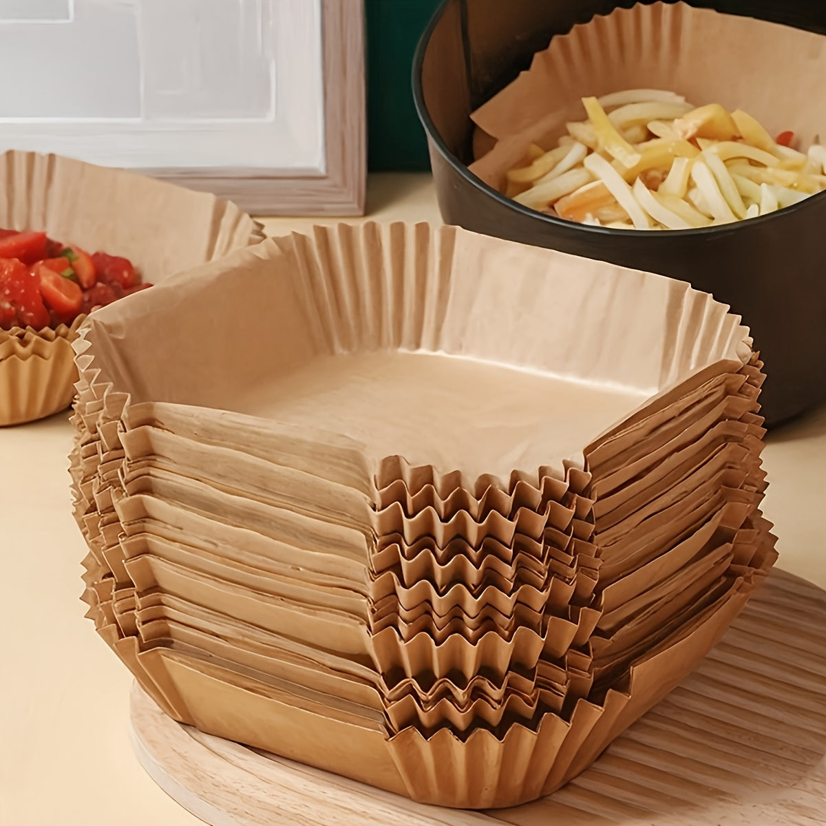 100 pçs de Forros Antiaderentes para Fritadeiras de Ar – Ideais para Cozinhar, Assar e Micro-ondas – Facilitam a Limpeza, Folhas Individuais para Cozinha Mais Saudável – Adequados para Uso Doméstico e Comercial