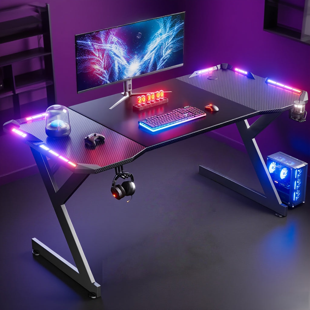 Mesa de Jogos em Y Resistente com Luzes LED RGB Duplas, Superfície em Fibra de Carbono Ergonómica, Suporte para Copo e Gancho para Auriculares – Preta, para Escritório em Casa ou Quarto