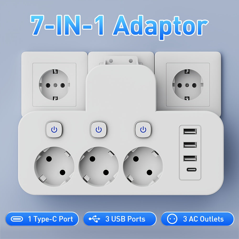 Tomada USB Multifunções 7 em 1 com Interruptores Independentes, Adaptador de Viagem, Conversor USB, Ideal para Casa/Trabalho