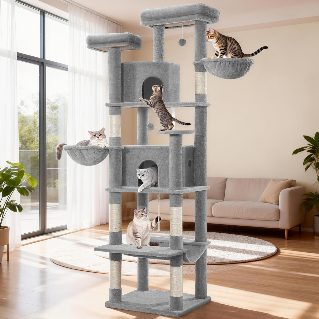 Poste Arranhador Grande para Gatos, Poste Arranhador de 216 Cm, Gatos Grandes, Estável com Postes Arranhadores, 2 Casas Confortáveis para Gatos, 2 Poleiros, 2 Cestos, Rede, Para Uso Interior