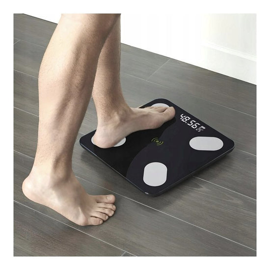 BALANÇA DE BANHEIRO ANALÍTICA INTELIGENTE 180kg SMART BT. Medição Precisa de Peso Corporal e Composição Corporal 25em1. Visor LCD com Termômetro. Design Fino de Vidro Temperado. Compatível com Aplicativo Móvel Android iOS. Função de Reconhecimento Automá