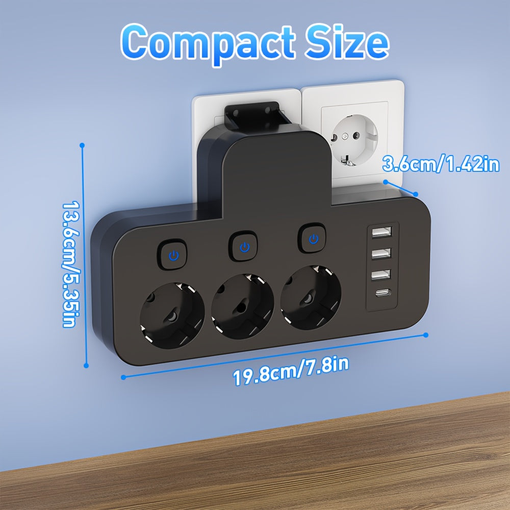 Tomada USB Multifunções 7 em 1 com Interruptores Independentes, Adaptador de Viagem, Conversor USB, Ideal para Casa/Trabalho