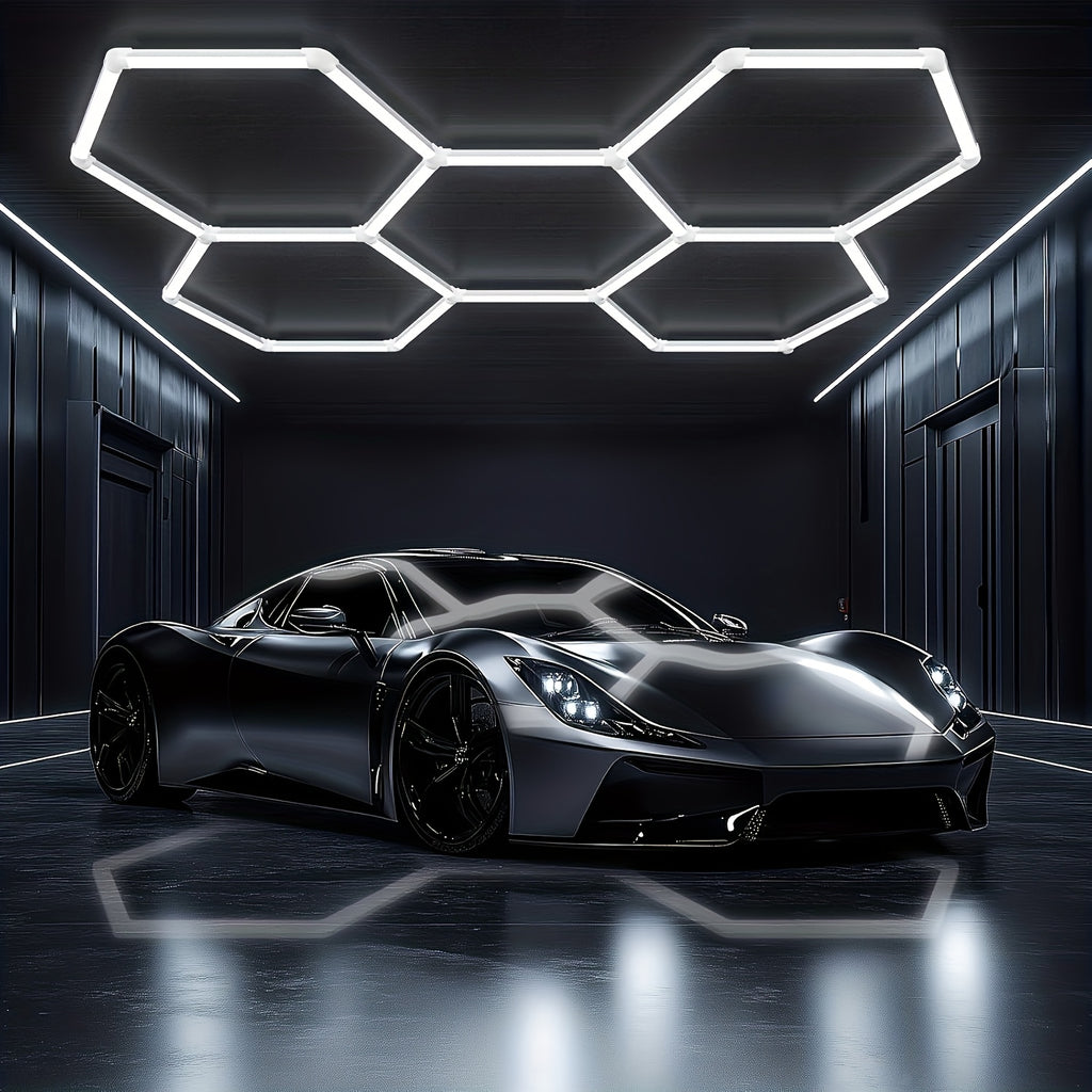 Sistema de Luz LED Hexagonal – Luz de Teto em Forma de Colmeia para Oficina, Detalhamento de Carros, Casa, Salão de Exposições, Barbearia, Supermercado, Ginásio, Showroom e Decoração de Teto