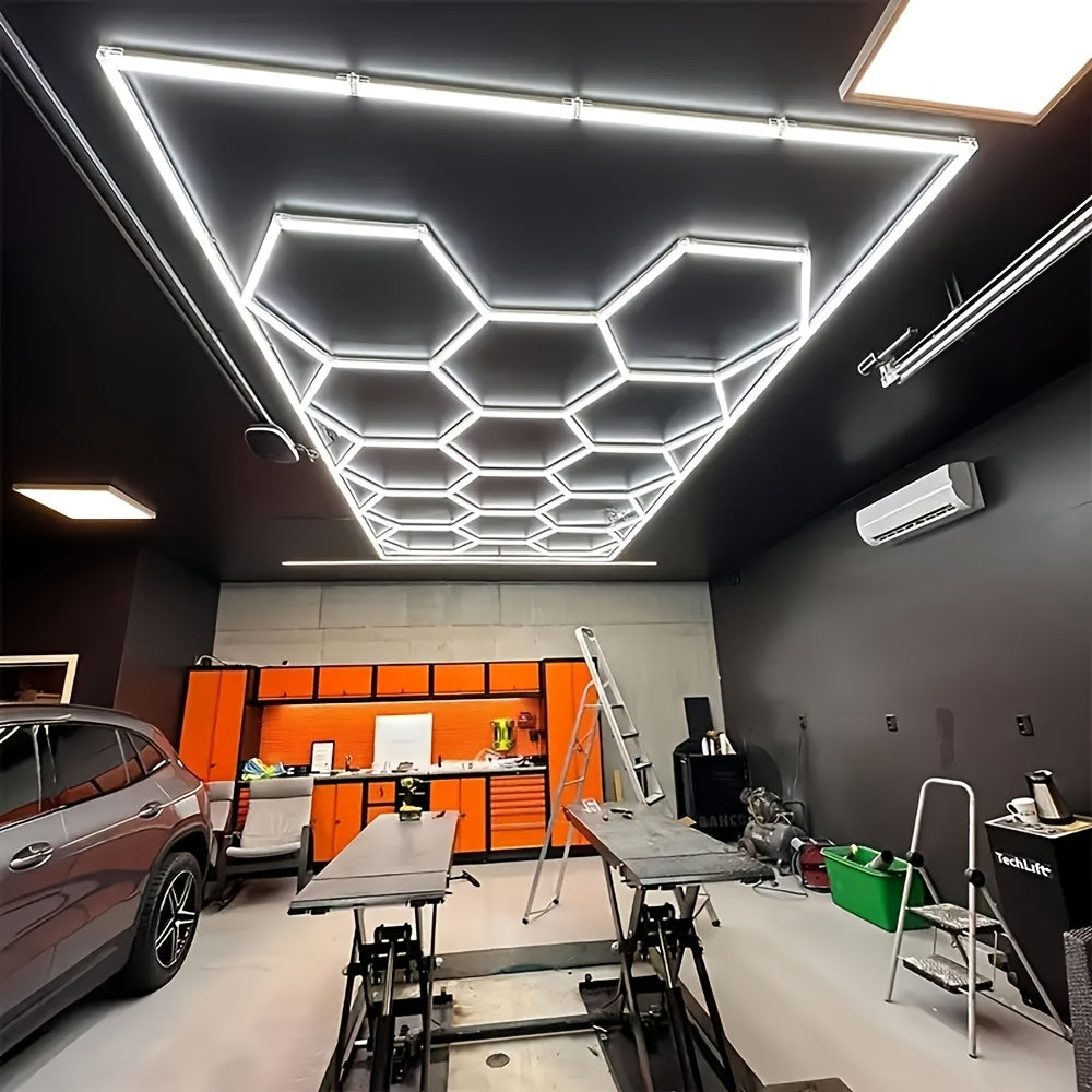 Sistema de Luz LED Hexagonal – Luz de Teto em Forma de Colmeia para Oficina, Detalhamento de Carros, Casa, Salão de Exposições, Barbearia, Supermercado, Ginásio, Showroom e Decoração de Teto