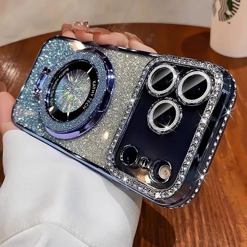 Blue Color Magnetic Glitter Diamond Clear Phone Case For iPhone