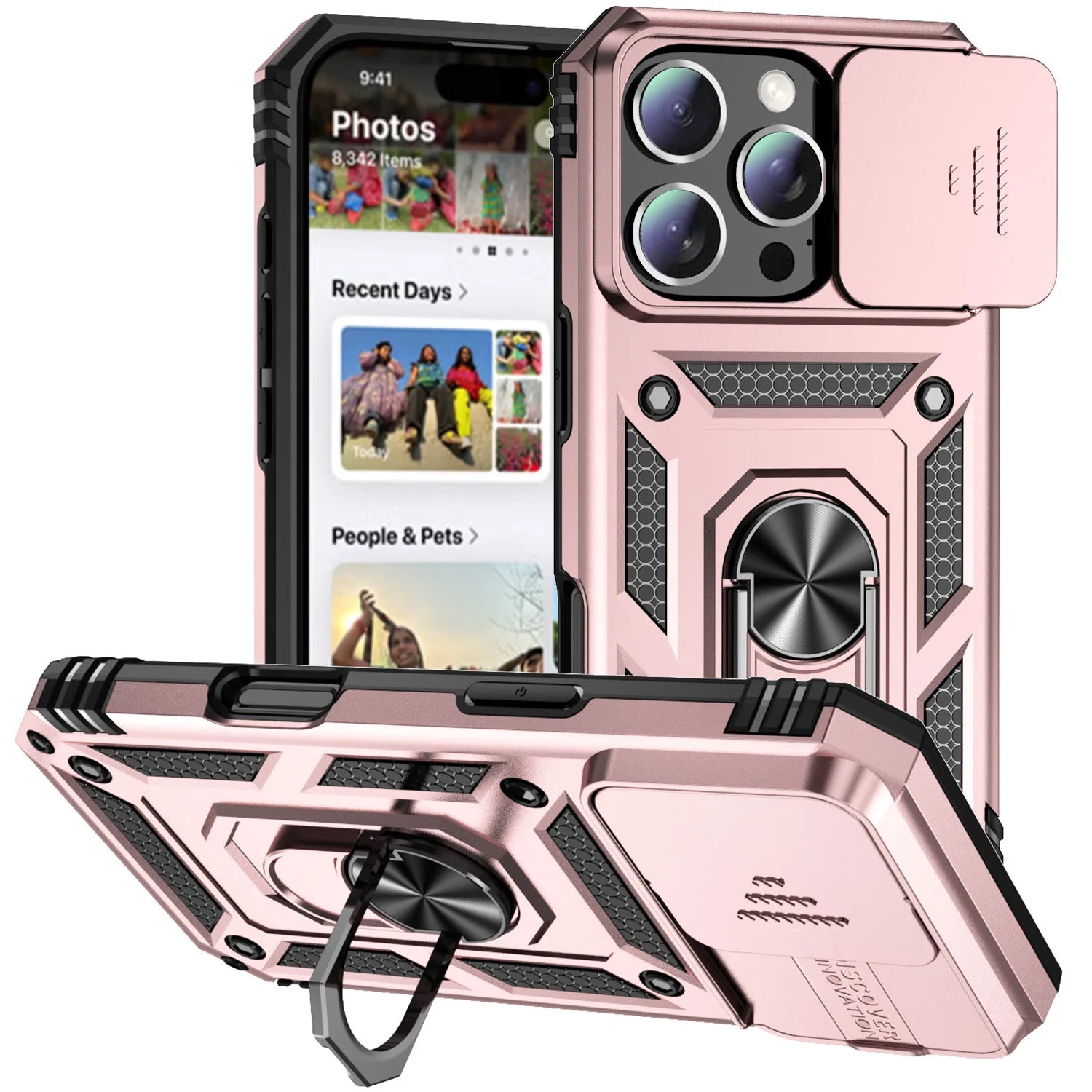 Rose Gold Color Military Armor iPhone Case With Ring Stand & Slide Lens