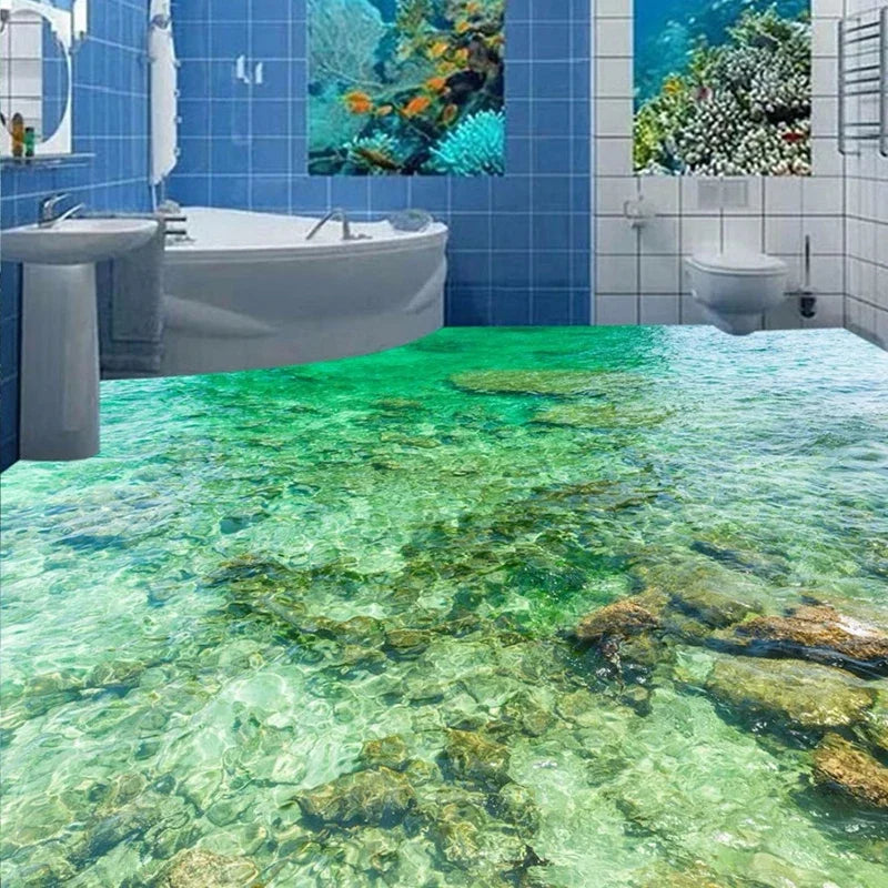 Custom 3D Flooring Sticker Mural Beautiful Sea Water Ripple PVC Vinyl Self-adhesive Living Room Bedroom Floor Painting Wallpaper