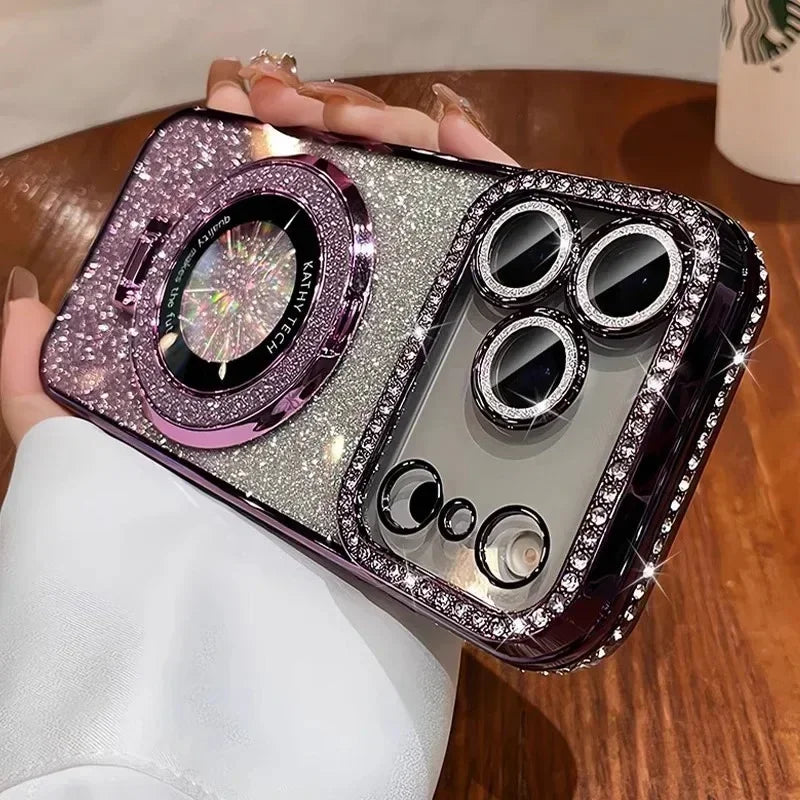 Purple Color Magnetic Glitter Diamond Clear Phone Case For iPhone