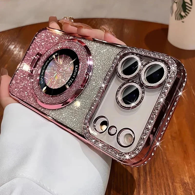 Pink Color Magnetic Glitter Diamond Clear Phone Case For iPhone
