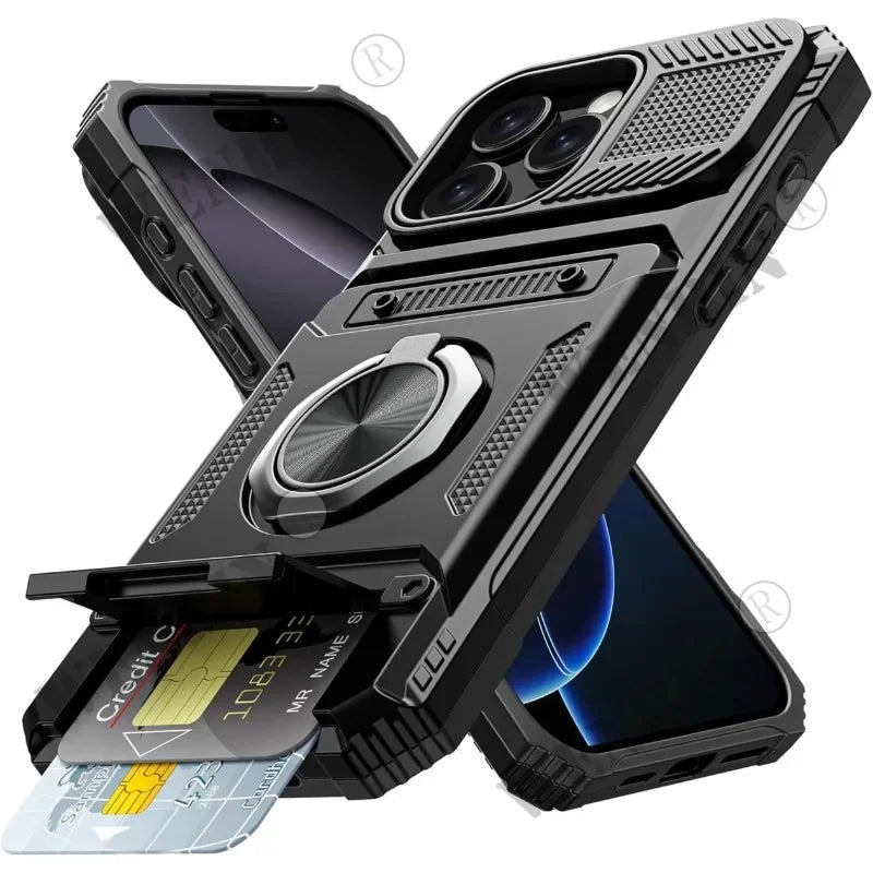 Magnetic Wallet Case For iPhone With Ring Kickstand