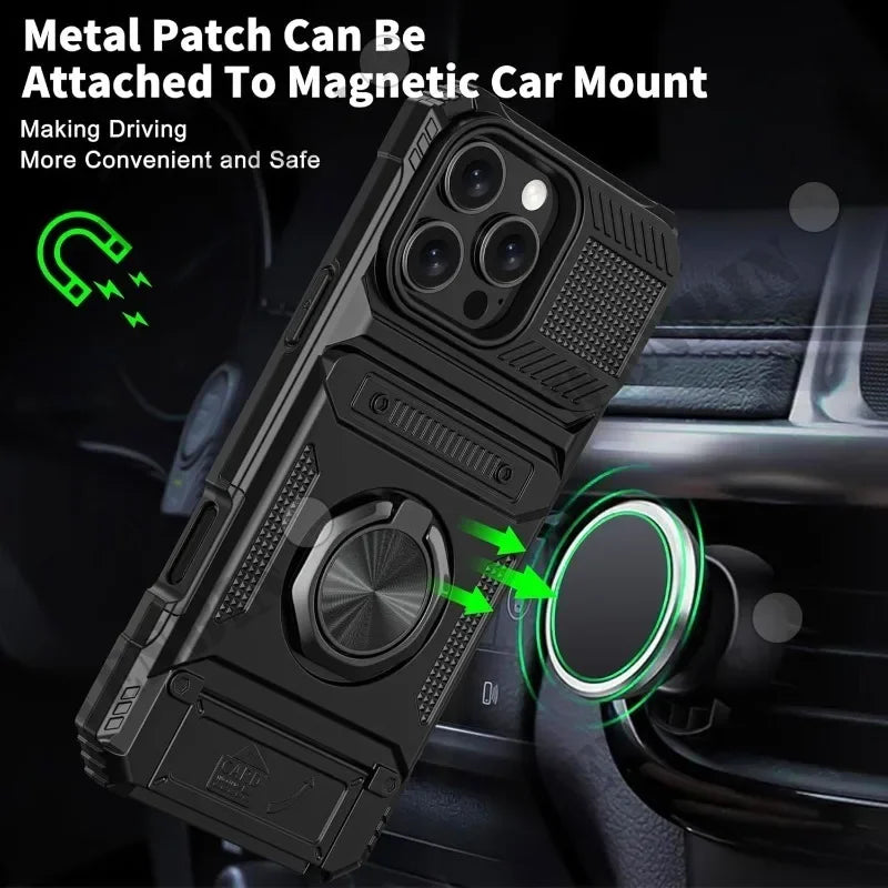 Magnetic Wallet Case For iPhone With Ring Kickstand