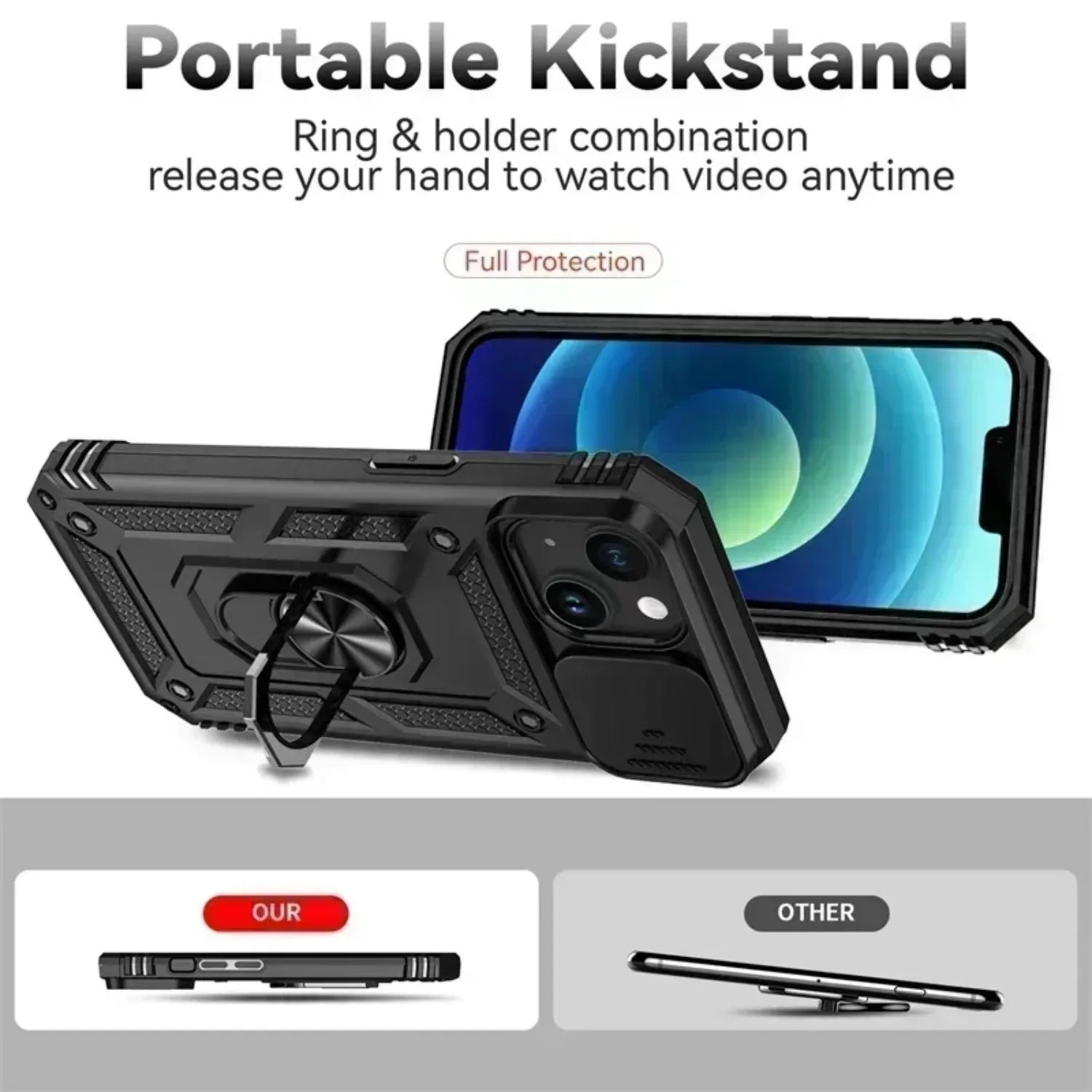 Military Armor iPhone Case With Ring Stand & Slide Lens
