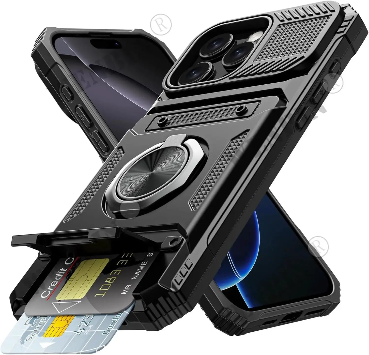 Black Color Magnetic Wallet Case For iPhone With Ring Kickstand