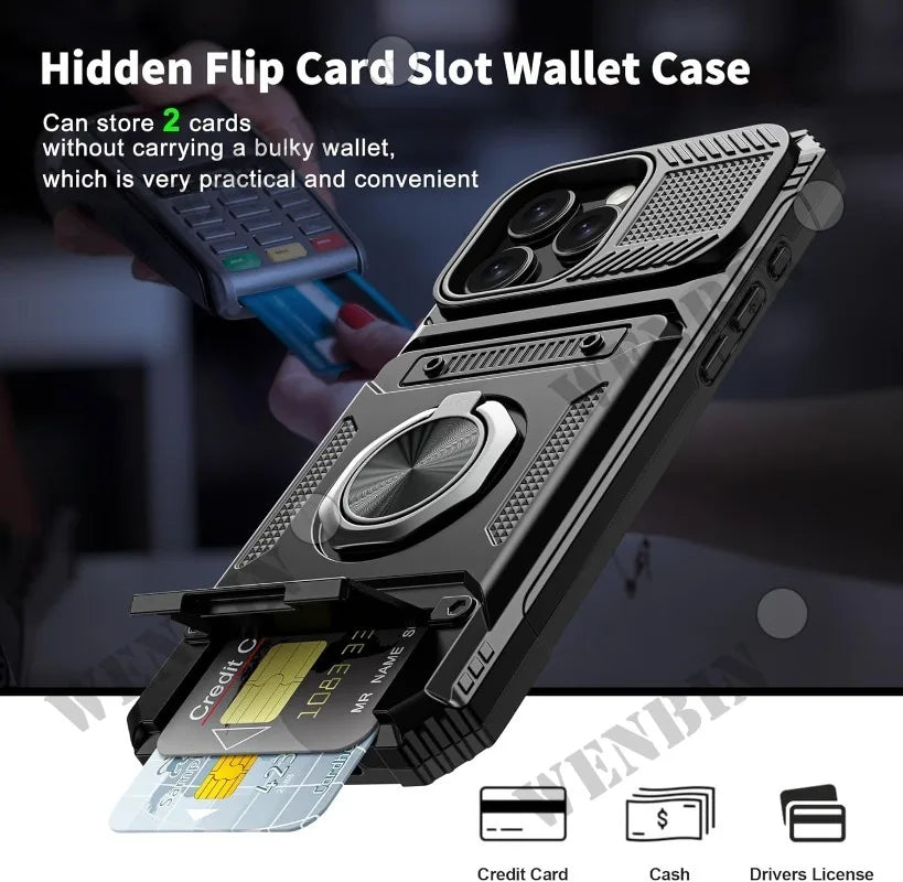 Magnetic Wallet Case For iPhone With Ring Kickstand