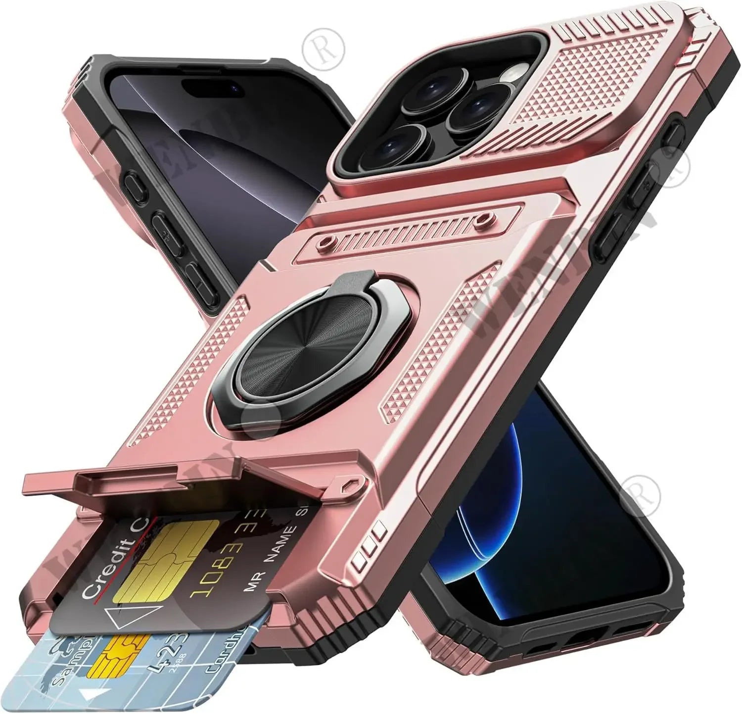 RoseGold Color Magnetic Wallet Case For iPhone With Ring Kickstand