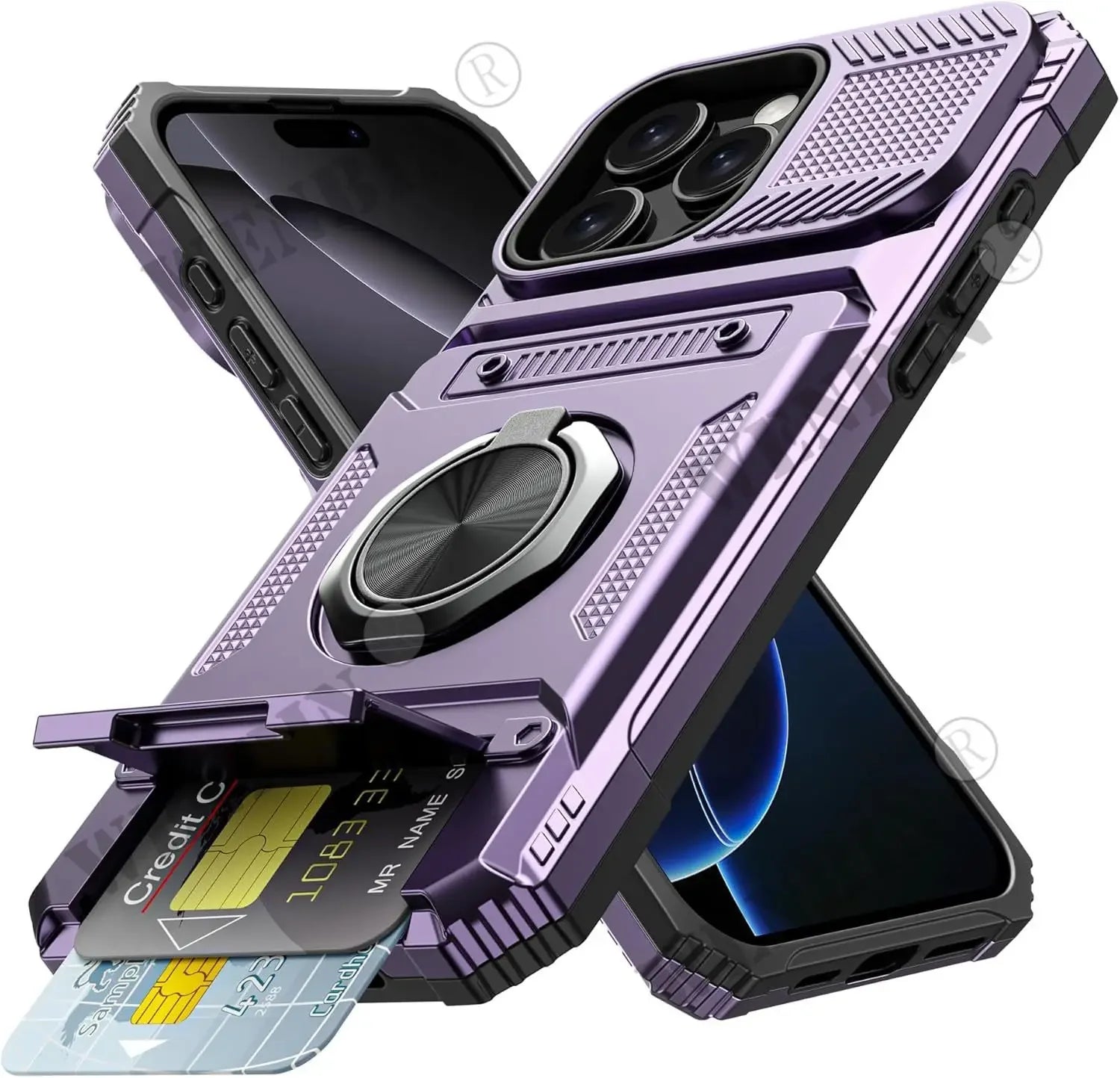 Purple Color Magnetic Wallet Case For iPhone With Ring Kickstand