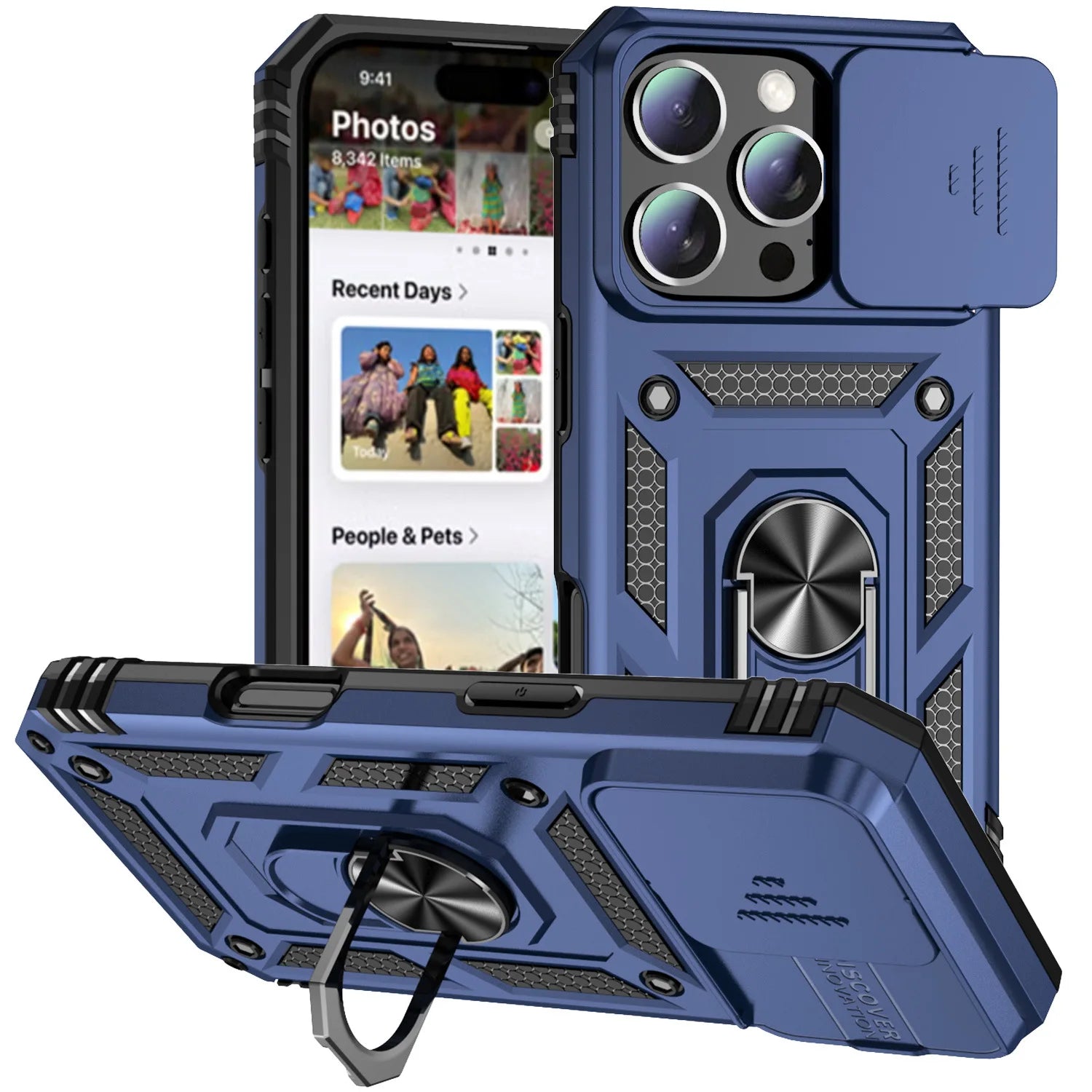 Blue Color Military Armor iPhone Case With Ring Stand & Slide Lens
