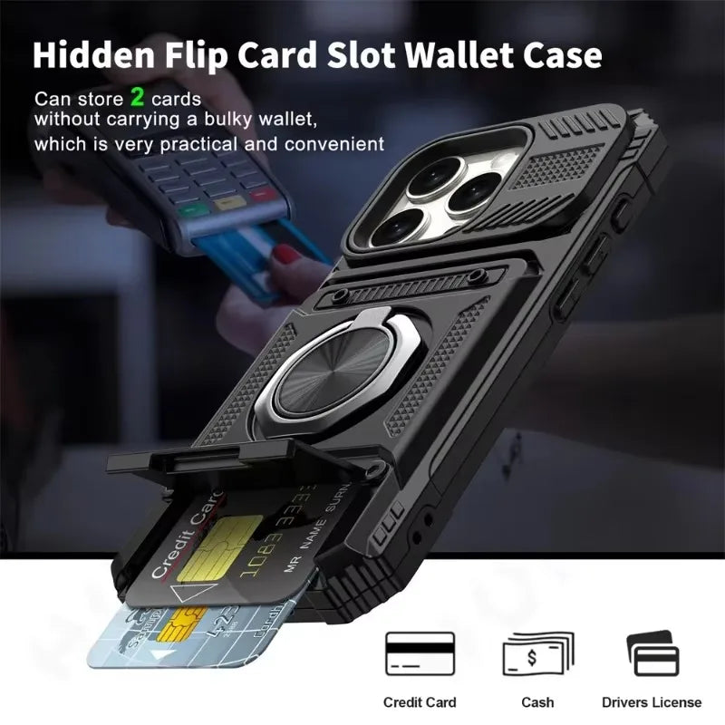 Military Quality Case for iPhone 11 13 14 15 16 Pro Max Magnetic Rotated Ring Kickstand Heavy Duty Drop Protection Wallet Cover