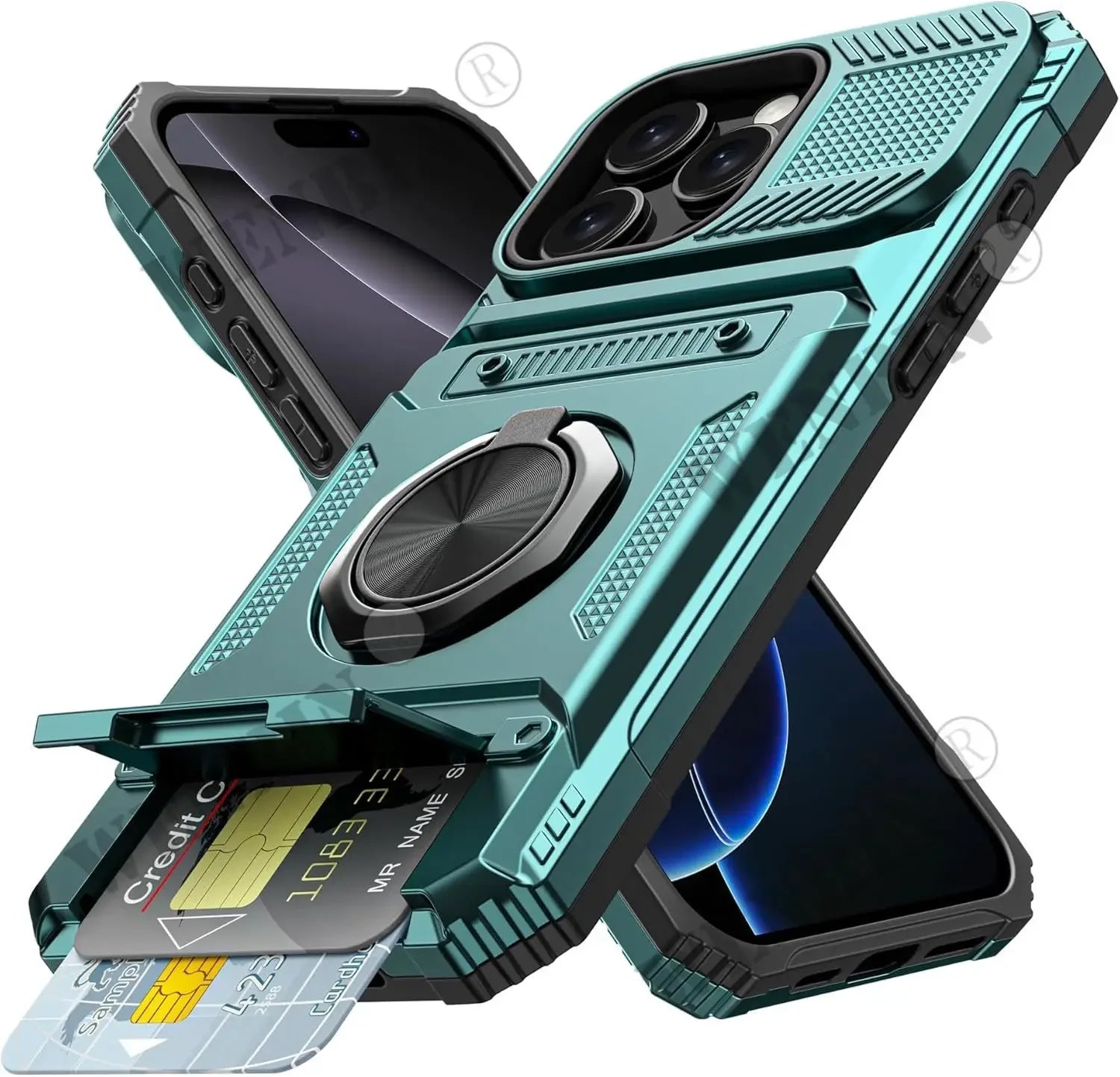 Green Color Magnetic Wallet Case For iPhone With Ring Kickstand
