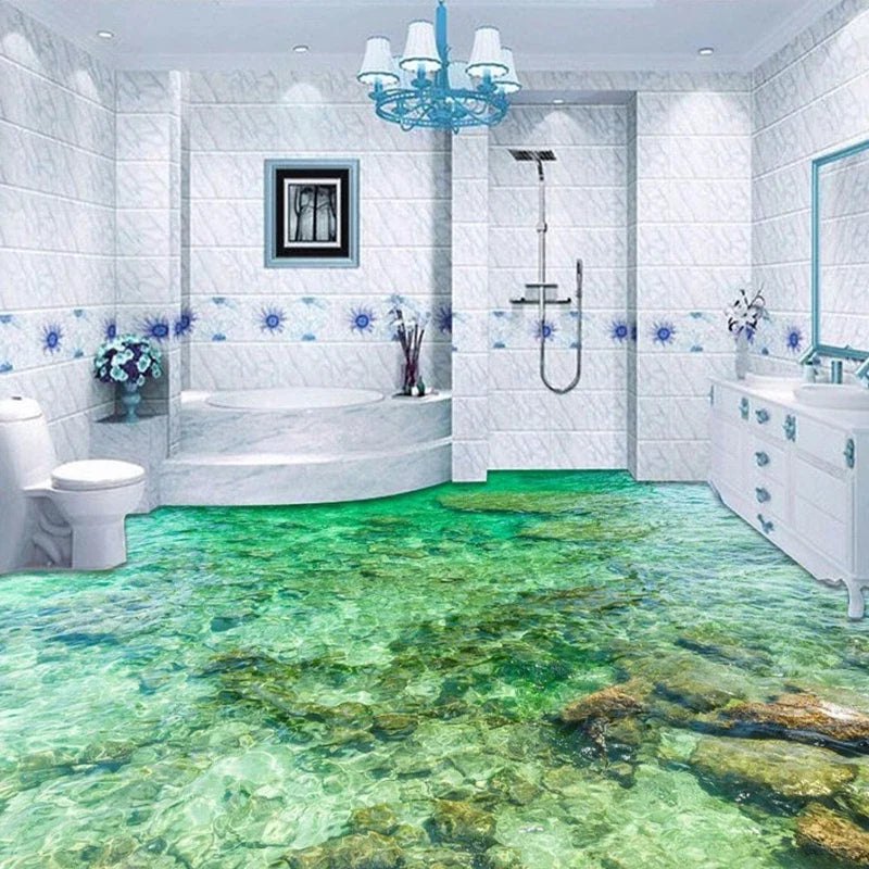 Custom 3D Flooring Sticker Mural Beautiful Sea Water Ripple PVC Vinyl Self-adhesive Living Room Bedroom Floor Painting Wallpaper