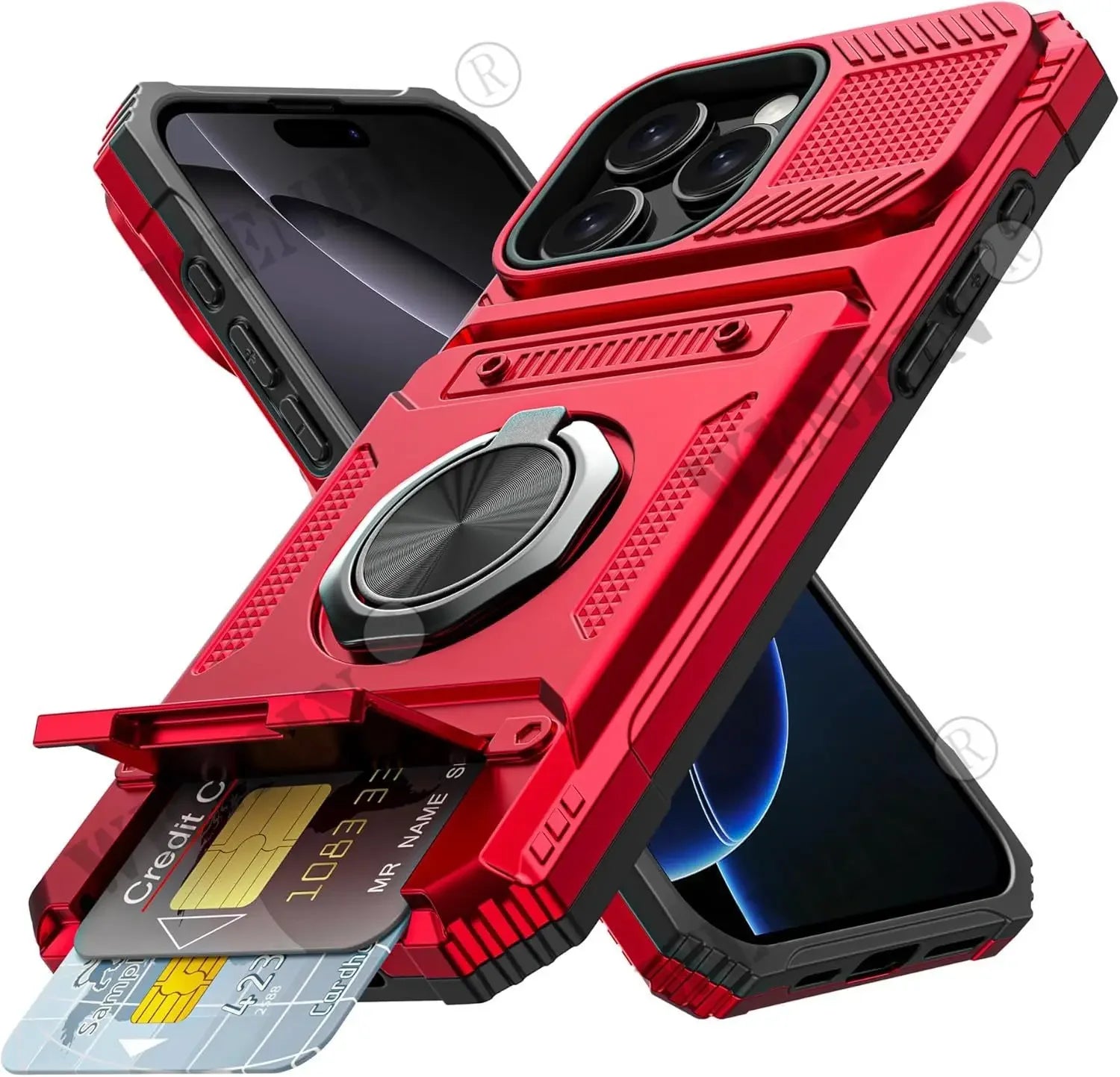 Red Color Magnetic Wallet Case For iPhone With Ring Kickstand