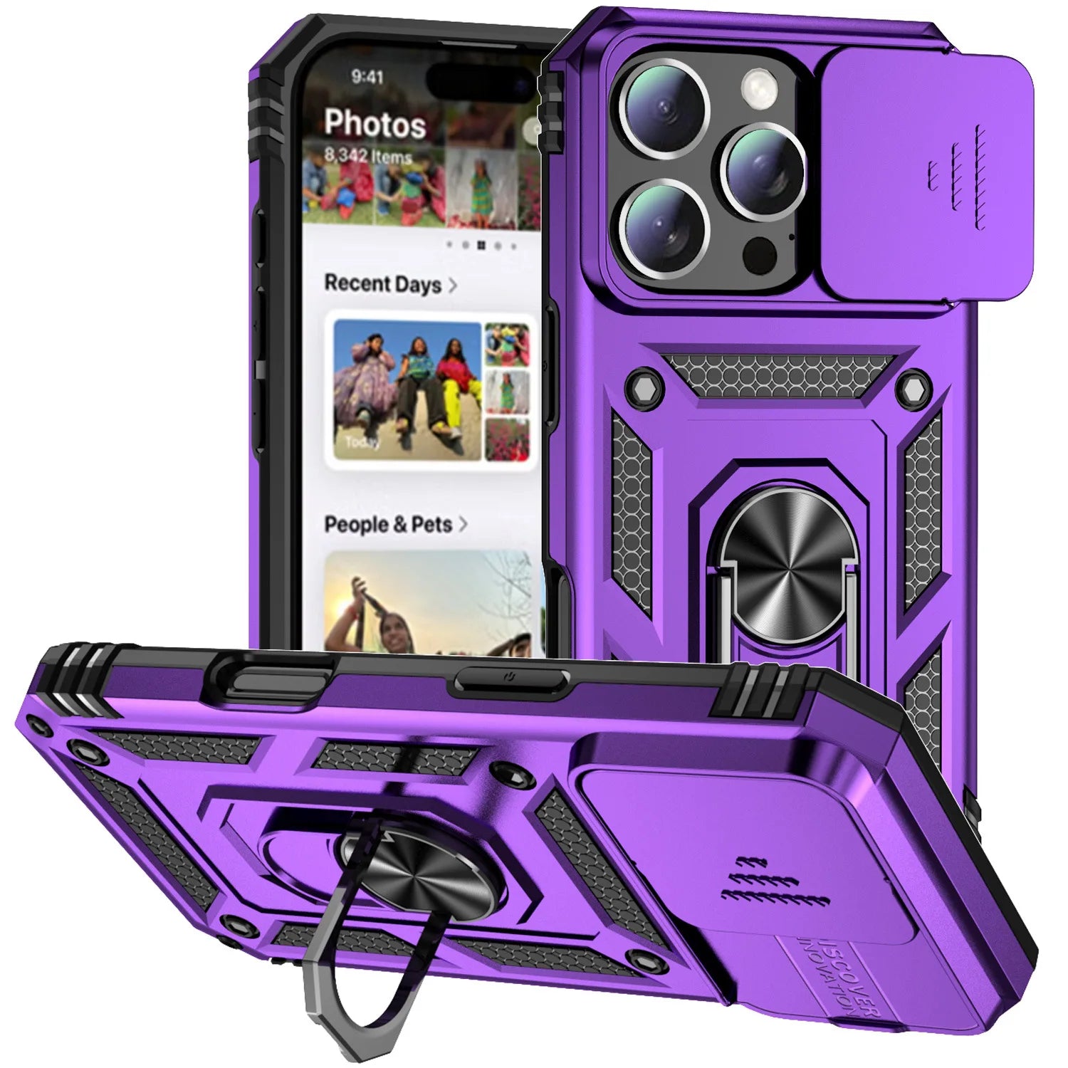 PURPLE Color Military Armor iPhone Case With Ring Stand & Slide Lens