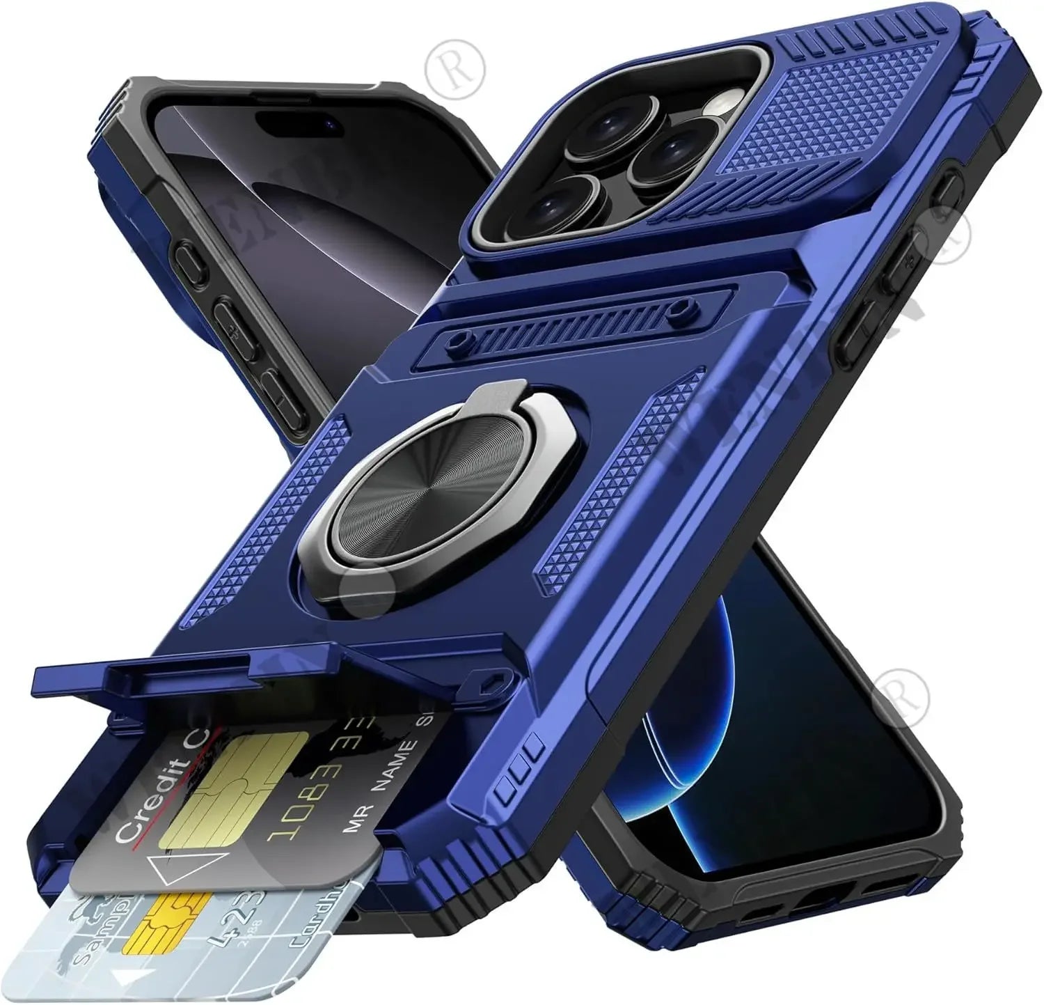 Blue Color Magnetic Wallet Case For iPhone With Ring Kickstand