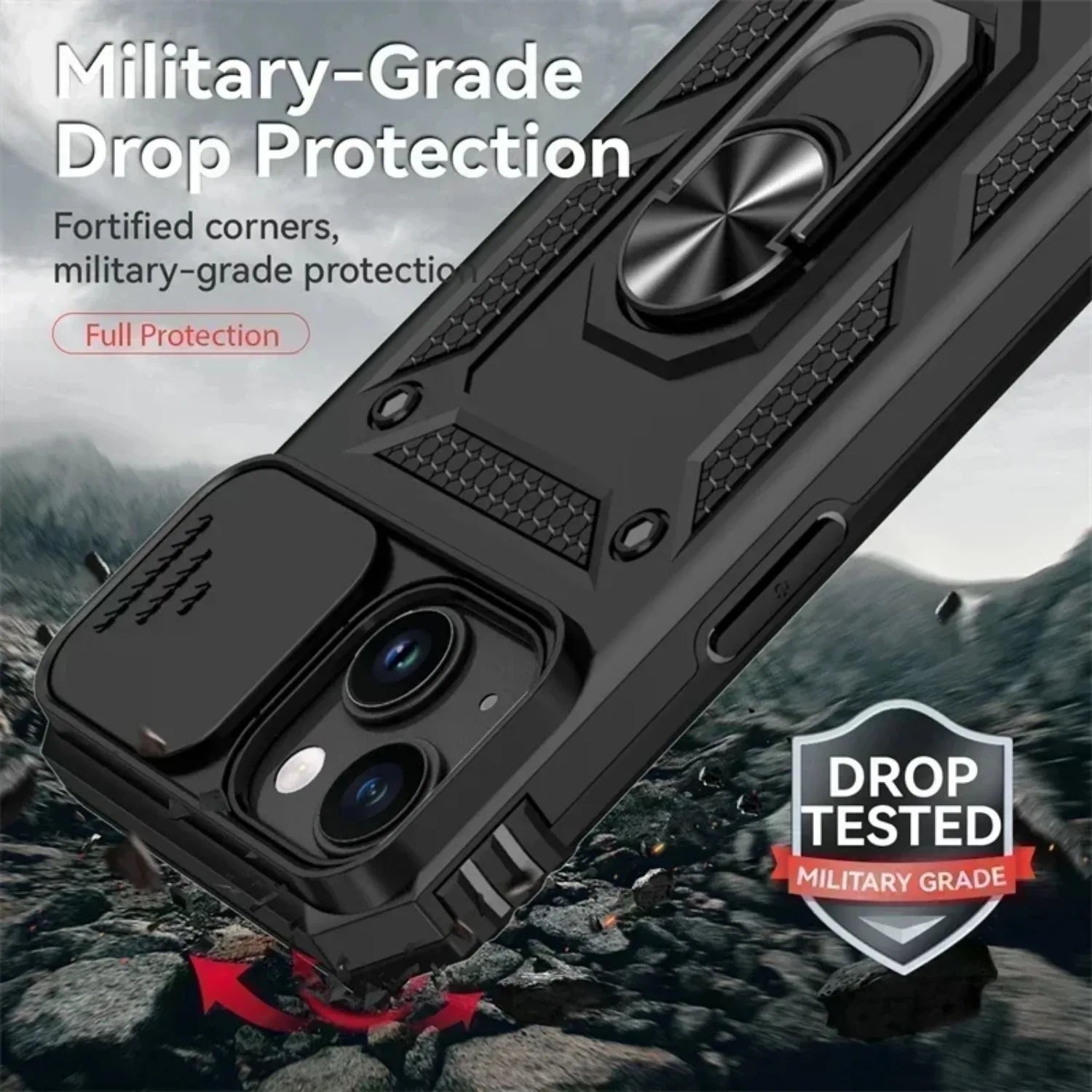Military Armor iPhone Case With Ring Stand & Slide Lens