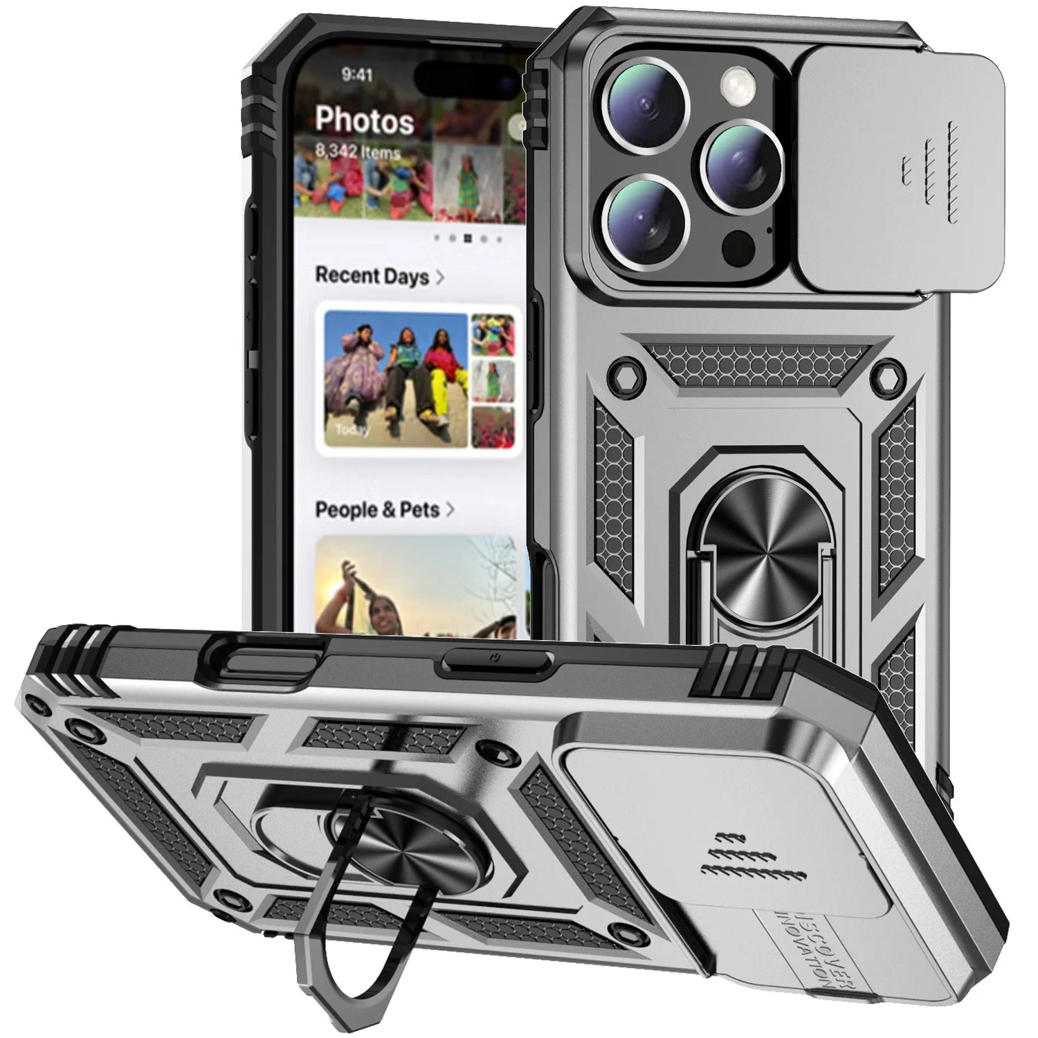 Silver Color Military Armor iPhone Case With Ring Stand & Slide Lens