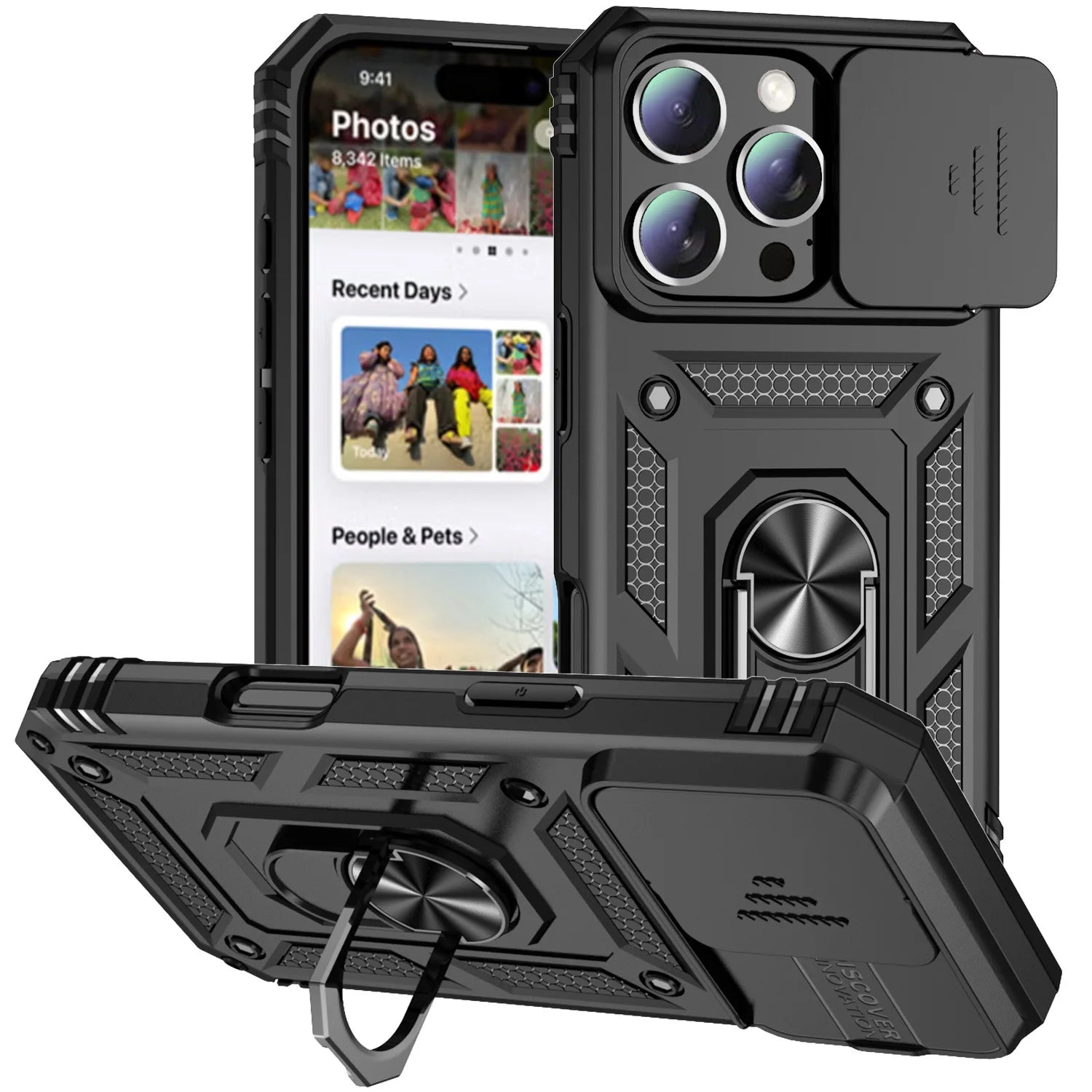 black Color Military Armor iPhone Case With Ring Stand & Slide Lens