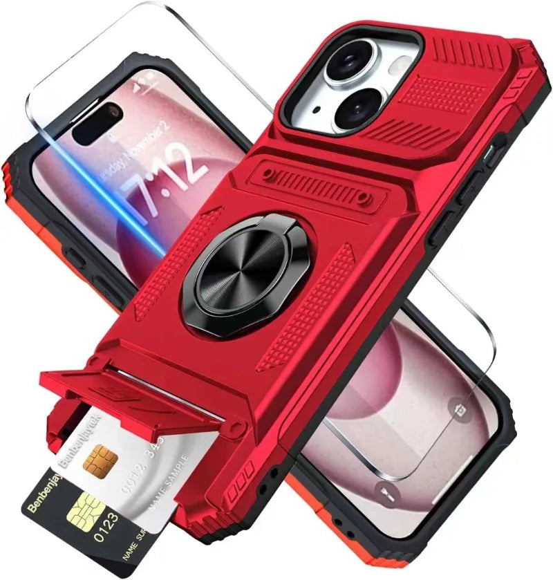 Military Quality Case for iPhone 11 13 14 15 16 Pro Max Magnetic Rotated Ring Kickstand Heavy Duty Drop Protection Wallet Cover