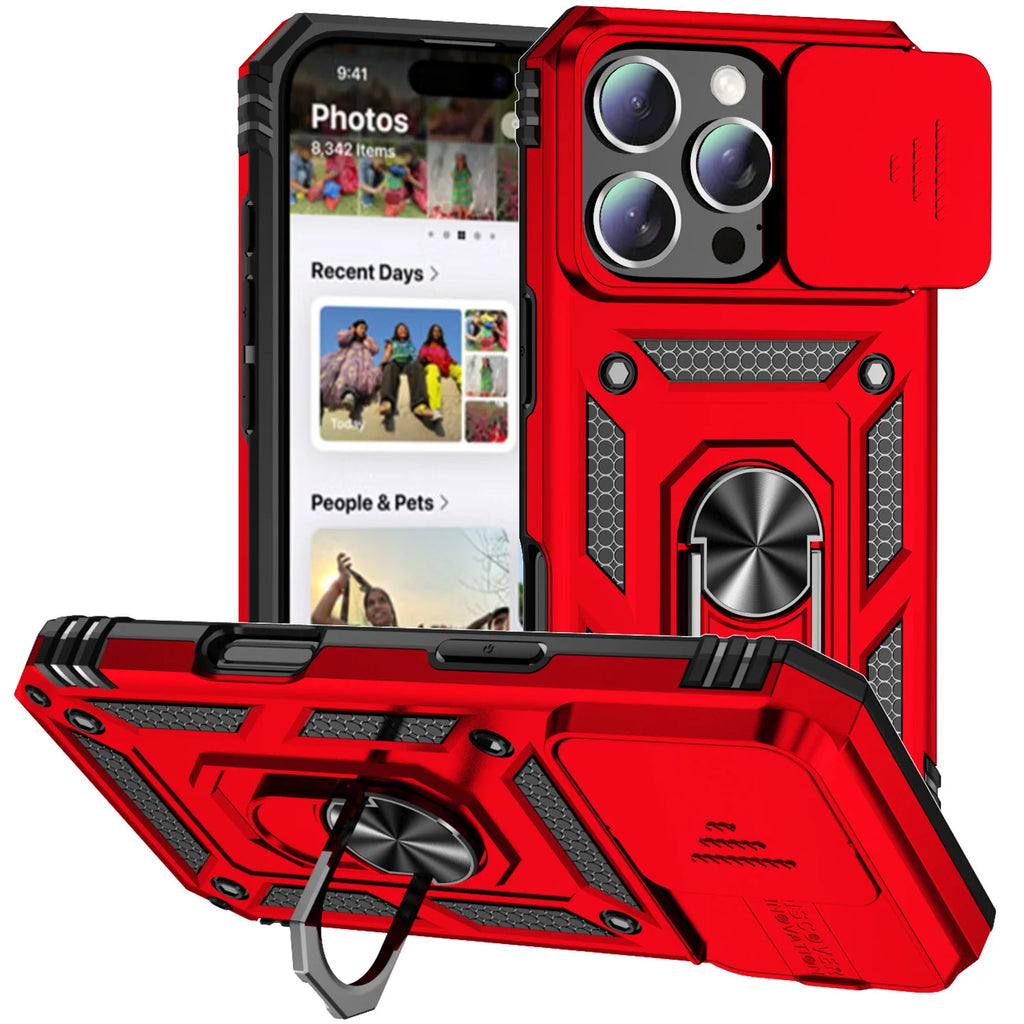 Red Color Military Armor iPhone Case With Ring Stand & Slide Lens