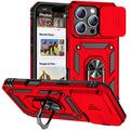 Red Color Military Armor iPhone Case With Ring Stand & Slide Lens