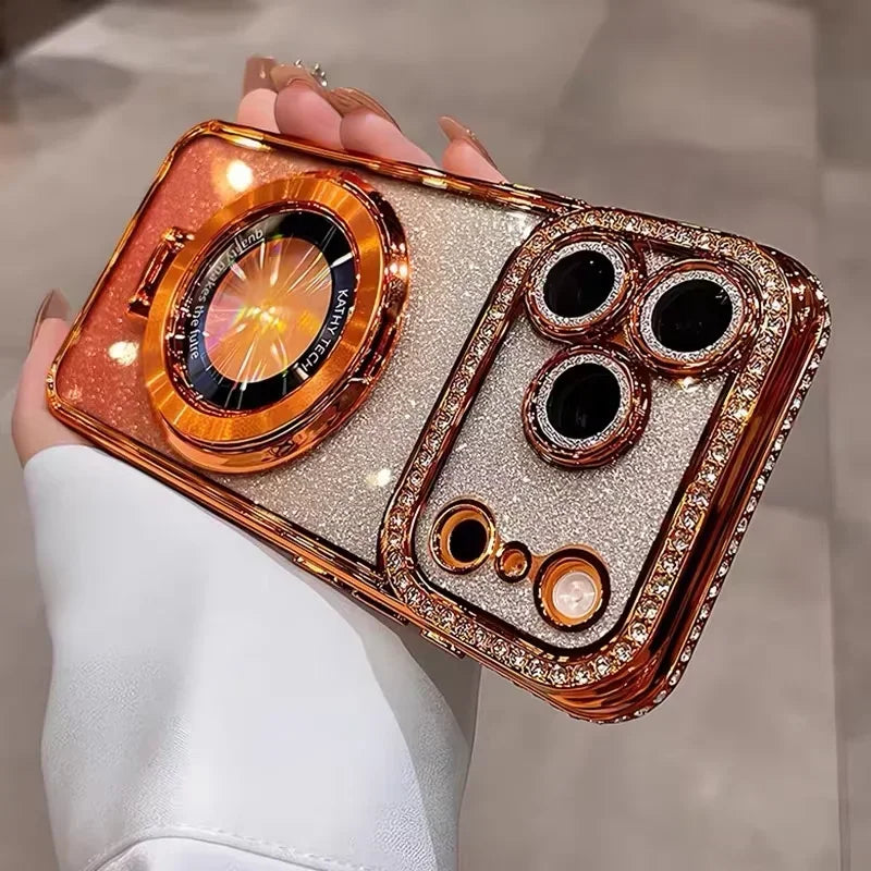 orange Color Magnetic Glitter Diamond Clear Phone Case For iPhone