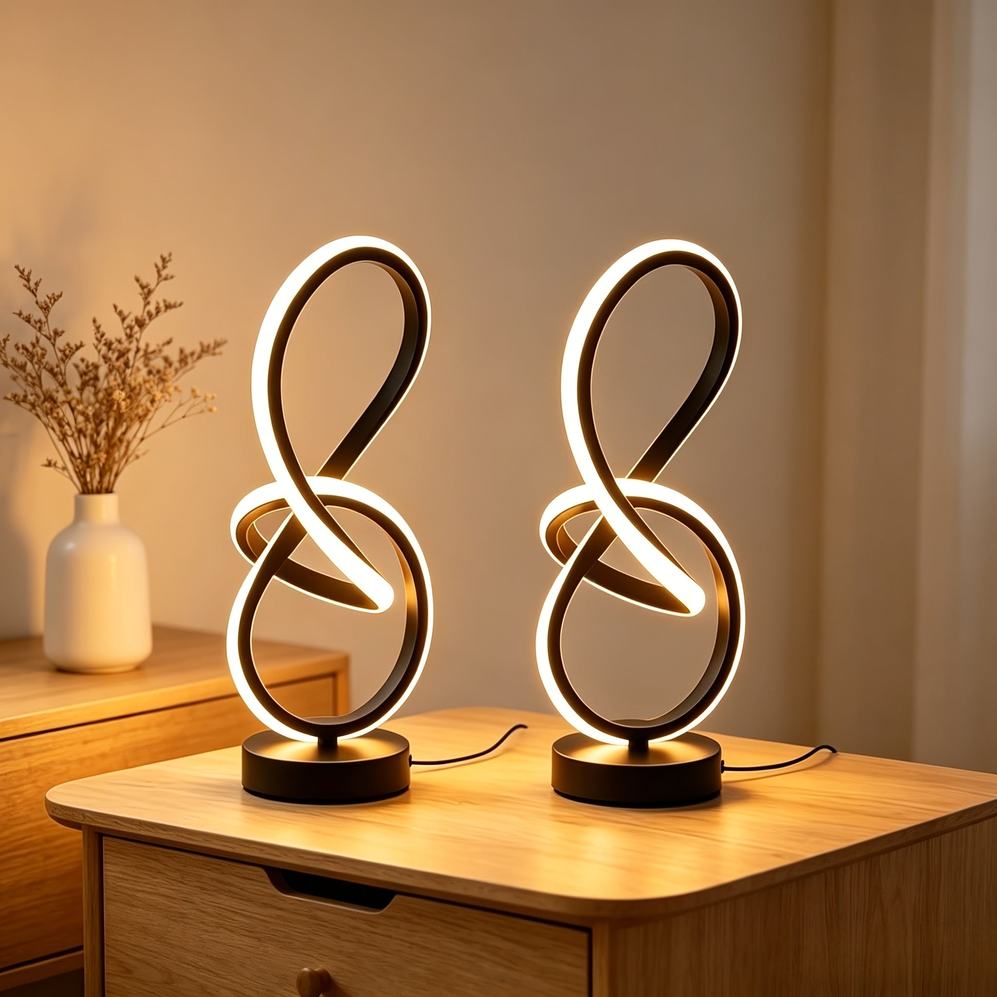 2 Luminárias de Mesa Exclusivas com Design Espiral e Luzes LED LED de Três Cores Ajustáveis, Quentes e Românticas, Alimentadas por USB, Adequadas para Decoração de Cabeceira de Quarto, Sala de Estar, Escritório e Quarto de Hotel