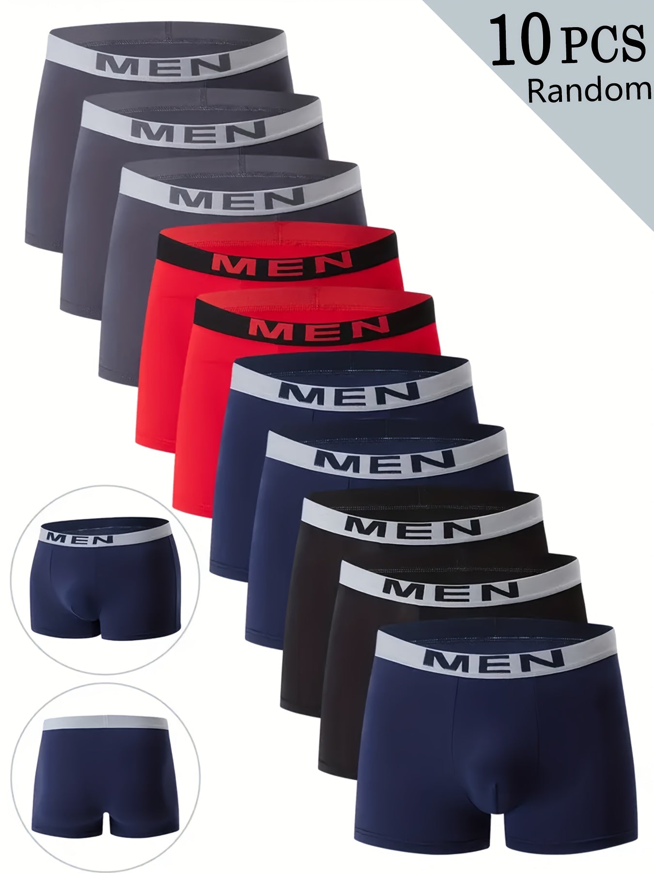 10 pç Cuecas Boxer para Homens (Cores Aleatórias) - Cintura com Letras, Respiráveis e Confortáveis, Elásticas para Desporto, Cuecas Casuais para Uso Diário