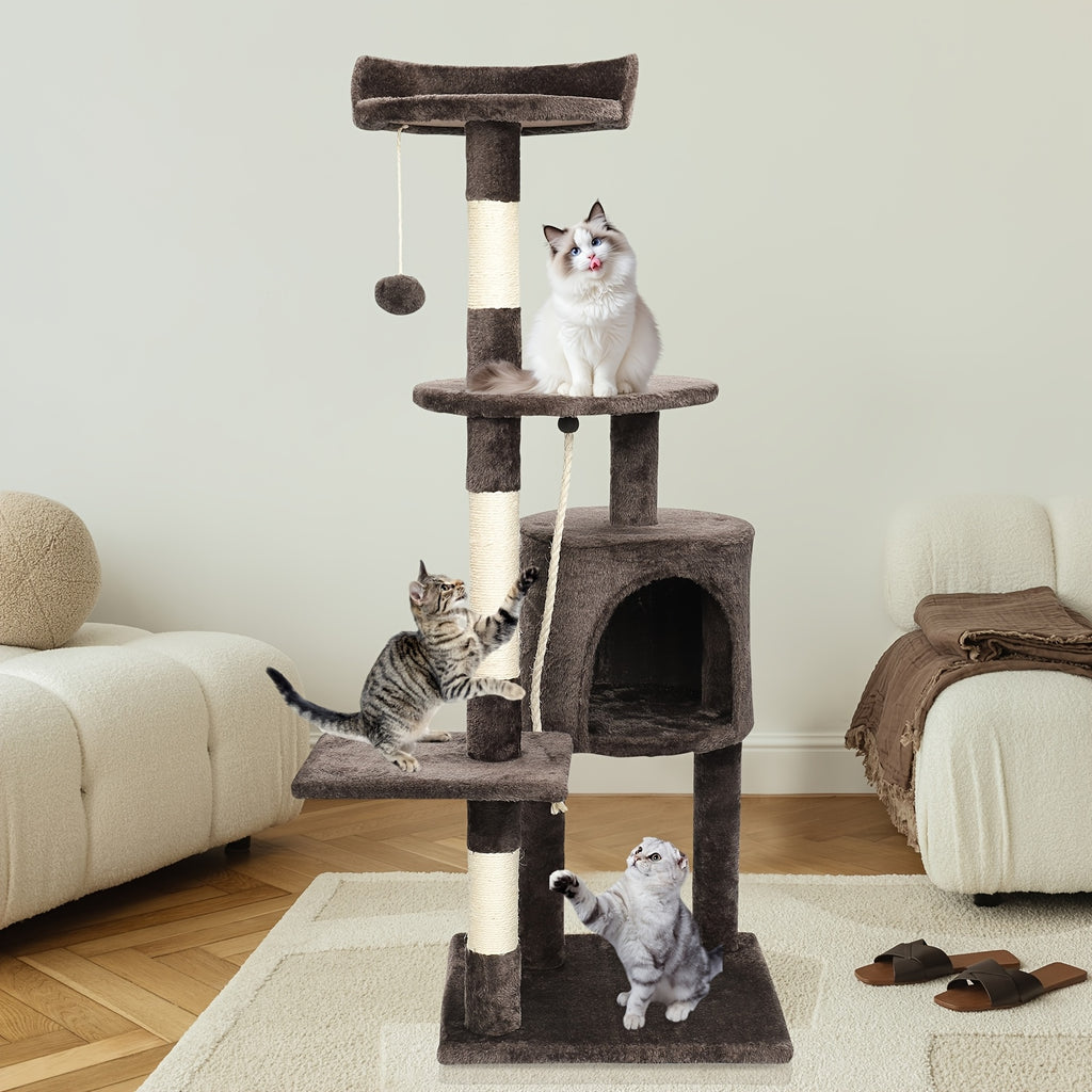 Poste de Arranhar com Superfícies e Plataformas Múltiplas - Torre de 112 cm para Gatos de Interior, Bege, Castanho e Cinza