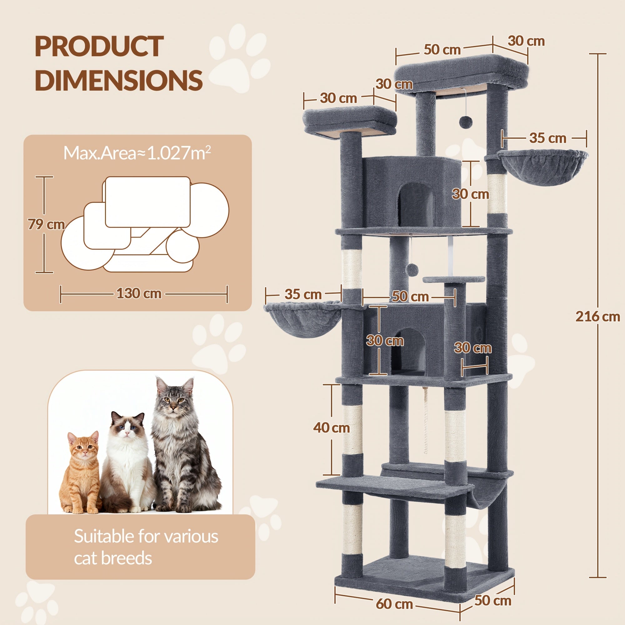 Poste Arranhador Grande para Gatos, Poste Arranhador de 216 Cm, Gatos Grandes, Estável com Postes Arranhadores, 2 Casas Confortáveis para Gatos, 2 Poleiros, 2 Cestos, Rede, Para Uso Interior