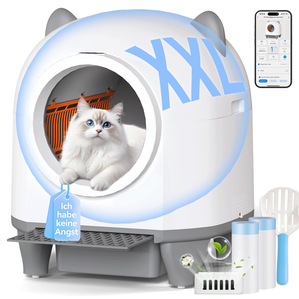Caixa de Areia Automática Devoko 90L, Autolimpante, XXL, 90L+8,5L, Remoção de Odores, Segura, para Vários Gatos, Controlo por App, para Gatos de 1,5kg a 10kg, Até 10 Dias de Uso Contínuo, Inclui 2 Sacos de Resíduos
