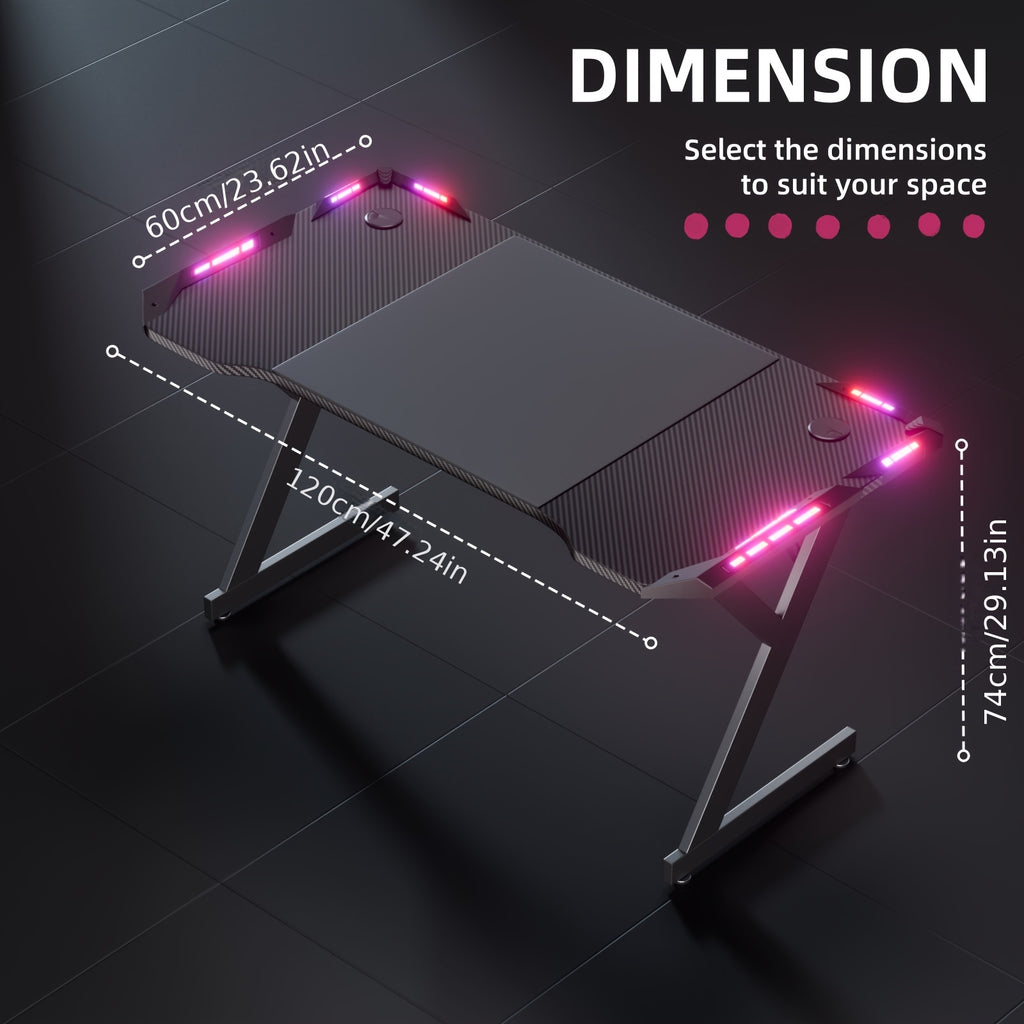 Mesa de Jogos em Y Resistente com Luzes LED RGB Duplas, Superfície em Fibra de Carbono Ergonómica, Suporte para Copo e Gancho para Auriculares – Preta, para Escritório em Casa ou Quarto