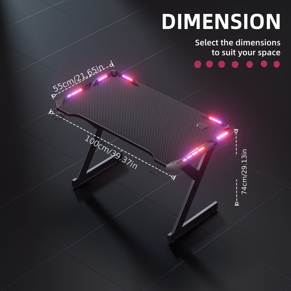Mesa de Jogos em Y Resistente com Luzes LED RGB Duplas, Superfície em Fibra de Carbono Ergonómica, Suporte para Copo e Gancho para Auriculares – Preta, para Escritório em Casa ou Quarto