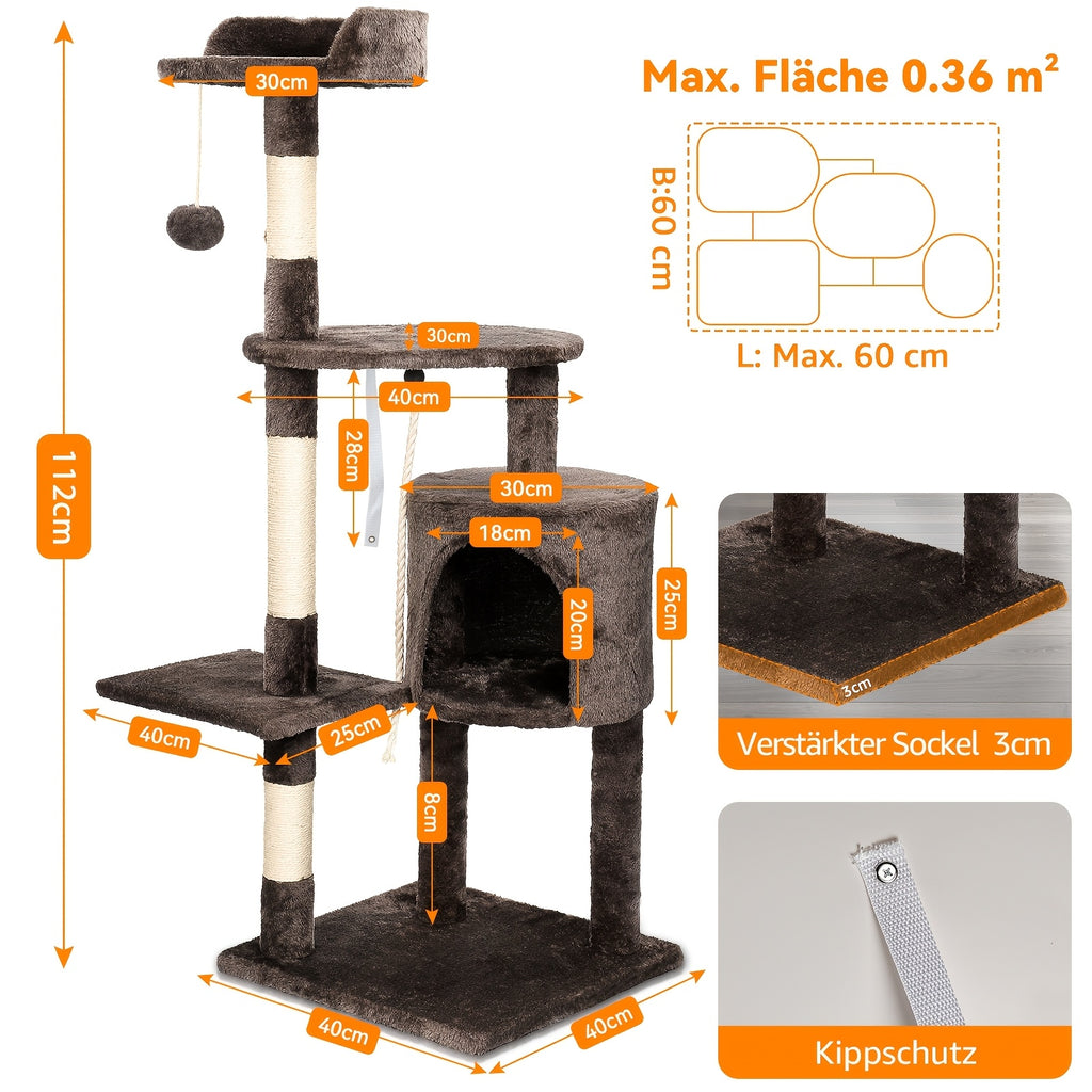 Poste de Arranhar com Superfícies e Plataformas Múltiplas - Torre de 112 cm para Gatos de Interior, Bege, Castanho e Cinza